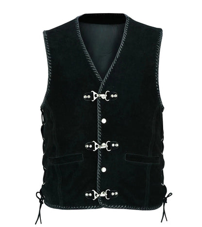 Men's Real Suede Leather Biker Style Vest Braided Black Motorcycle Waistcoat