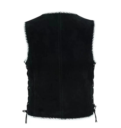 Men's Real Suede Leather Biker Style Vest Braided Black Motorcycle Waistcoat
