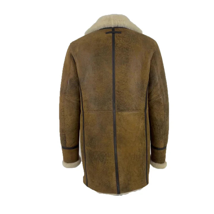 Men's Distressed Shearling Trench Coat – Vintage Long Leather Winter Jacket with Fur Lining