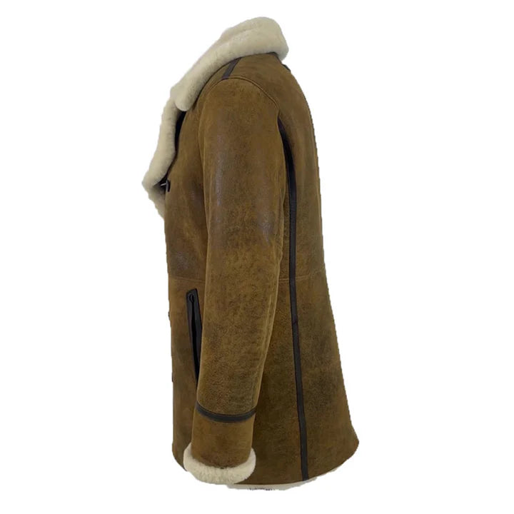 Men's Distressed Shearling Trench Coat – Vintage Long Leather Winter Jacket with Fur Lining