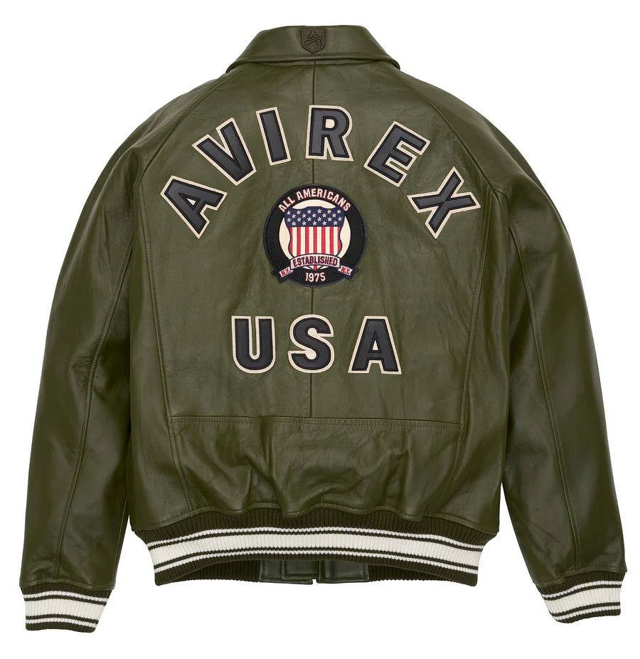 Men’s ICON Jacket – AVIREX Leather Bomber with Varsity Patch Design