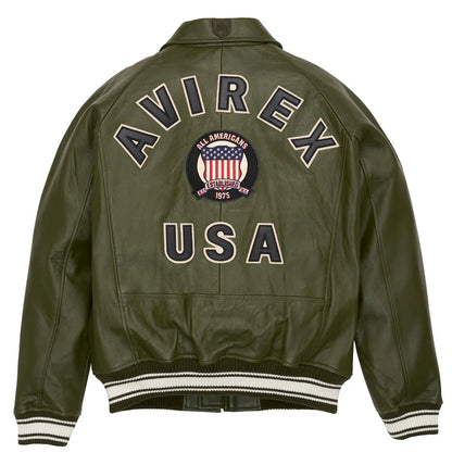 Men’s ICON Jacket – AVIREX Leather Bomber with Varsity Patch Design