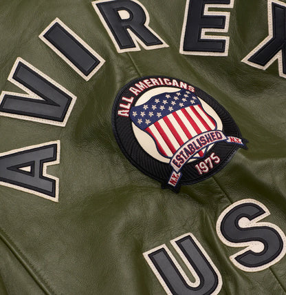 Men’s ICON Jacket – AVIREX Leather Bomber with Varsity Patch Design