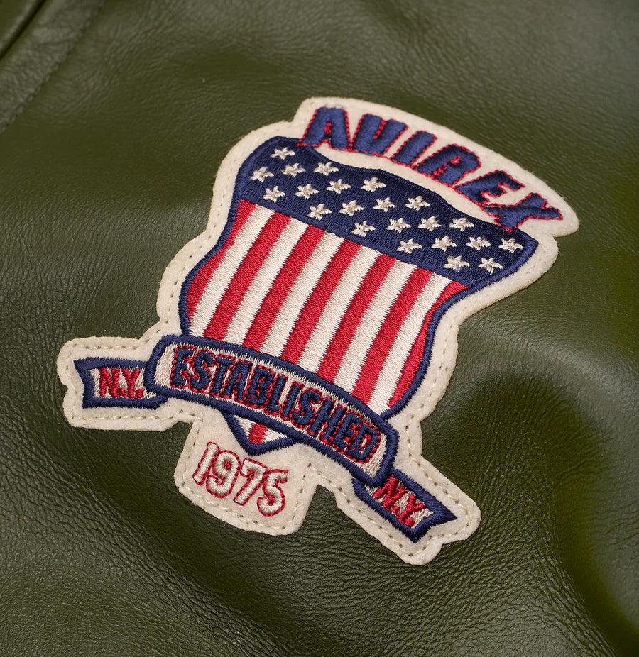 Men’s ICON Jacket – AVIREX Leather Bomber with Varsity Patch Design