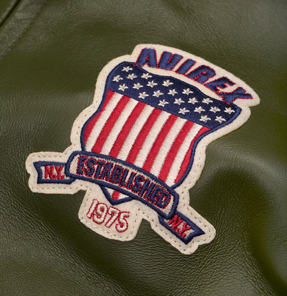 Men’s ICON Jacket – AVIREX Leather Bomber with Varsity Patch Design