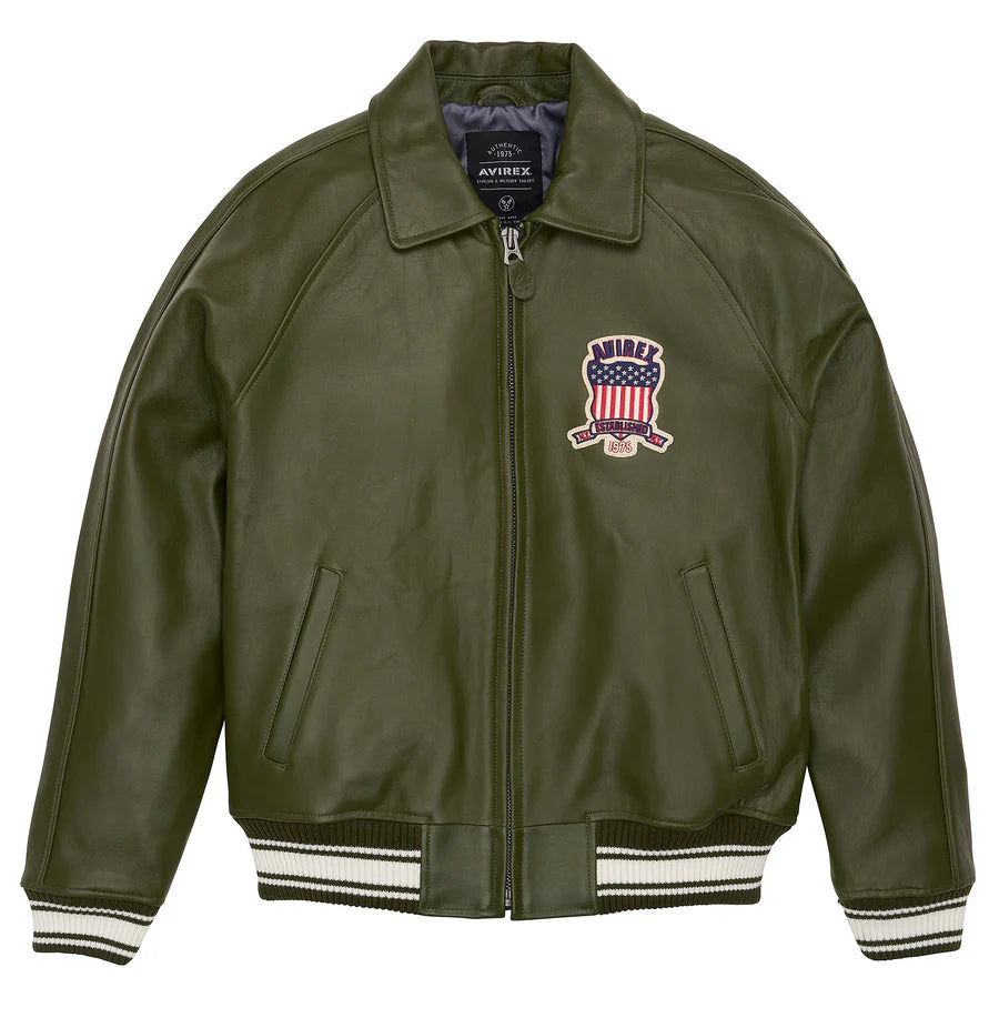 Men’s ICON Jacket – AVIREX Leather Bomber with Varsity Patch Design