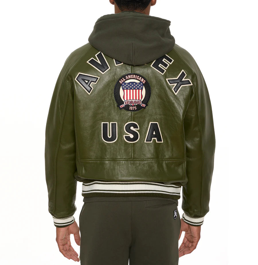 Men’s ICON Jacket – AVIREX Leather Bomber with Varsity Patch Design