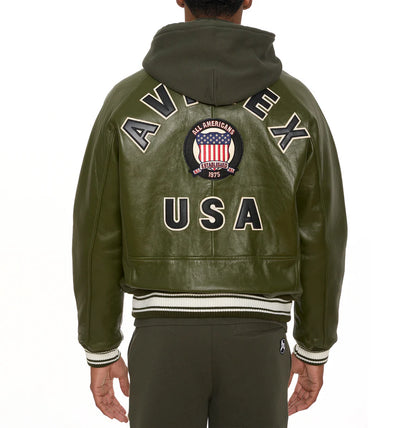 Men’s ICON Jacket – AVIREX Leather Bomber with Varsity Patch Design