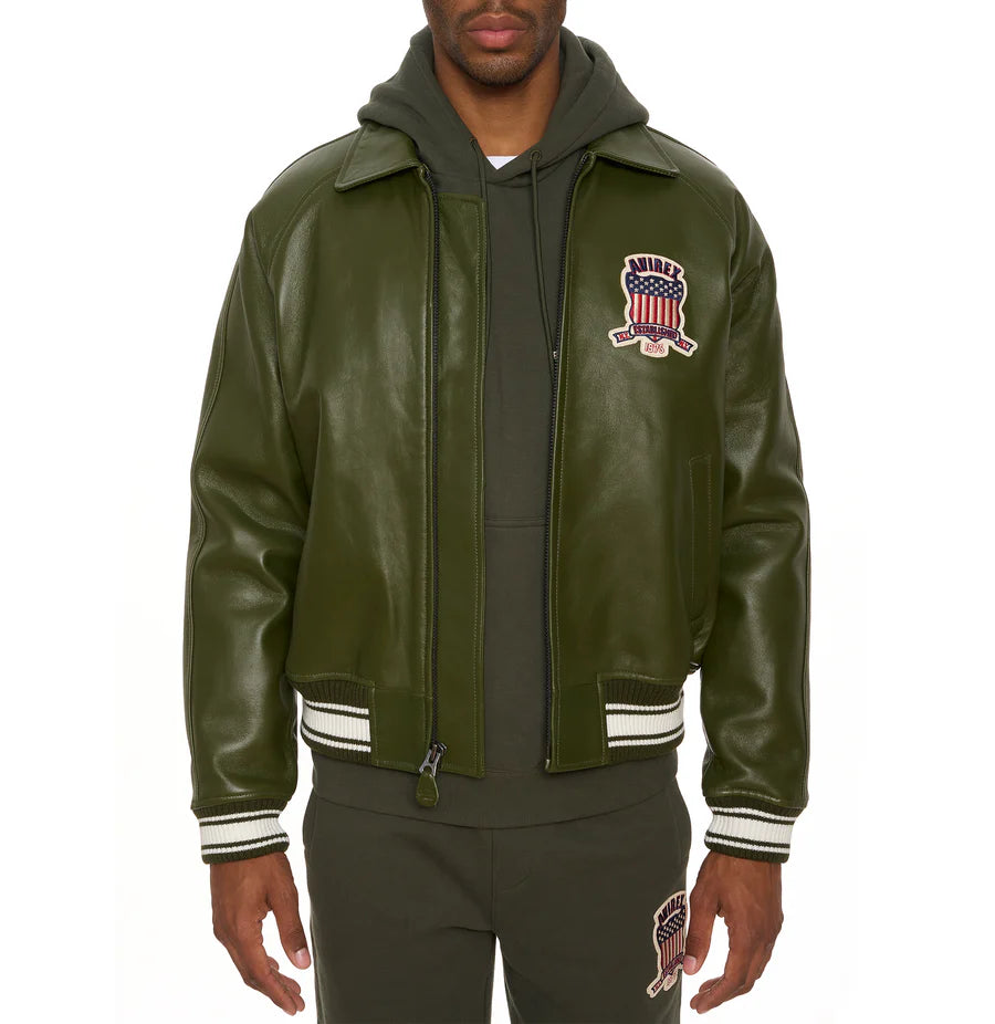 Men’s ICON Jacket – AVIREX Leather Bomber with Varsity Patch Design