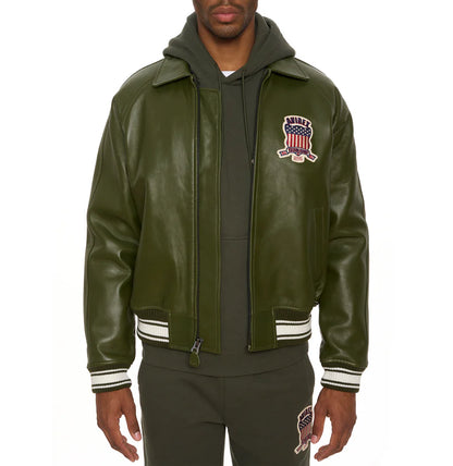 Men’s ICON Jacket – AVIREX Leather Bomber with Varsity Patch Design