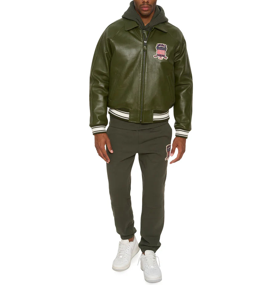 Men’s ICON Jacket – AVIREX Leather Bomber with Varsity Patch Design