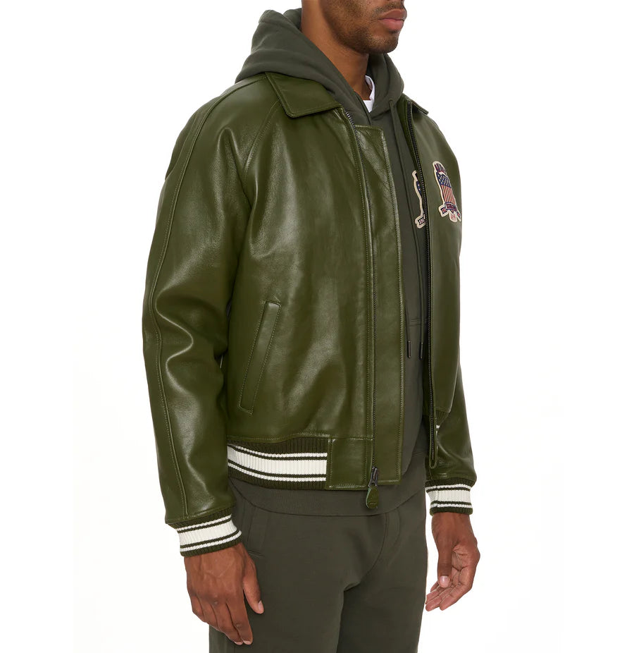 Men’s ICON Jacket – AVIREX Leather Bomber with Varsity Patch Design