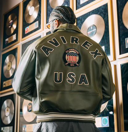 Men’s ICON Jacket – AVIREX Leather Bomber with Varsity Patch Design