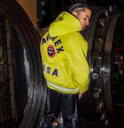 Avirex Stadium Jacket – Premium Leather Varsity Style with Bold Stadium Graphics & Embroidery