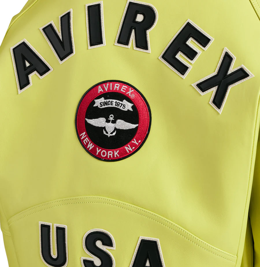 Avirex Stadium Jacket – Premium Leather Varsity Style with Bold Stadium Graphics & Embroidery
