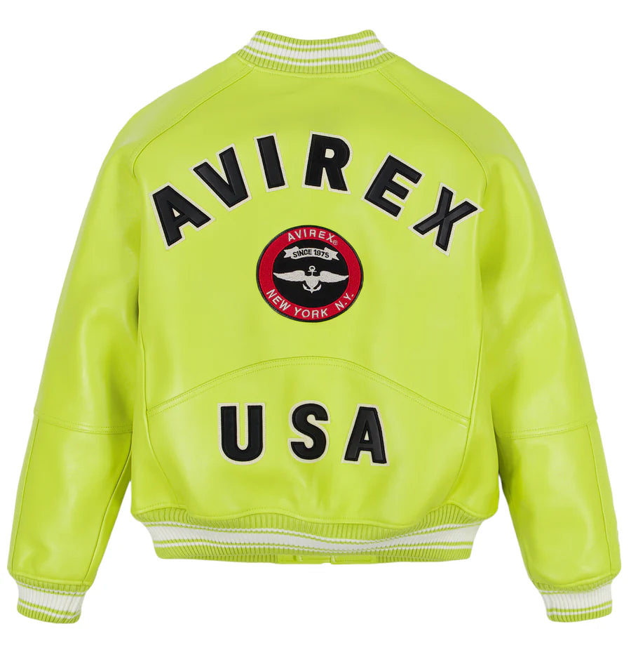 Avirex Stadium Jacket – Premium Leather Varsity Style with Bold Stadium Graphics & Embroidery