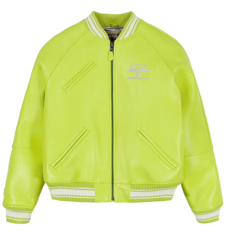 Avirex Stadium Jacket – Premium Leather Varsity Style with Bold Stadium Graphics & Embroidery