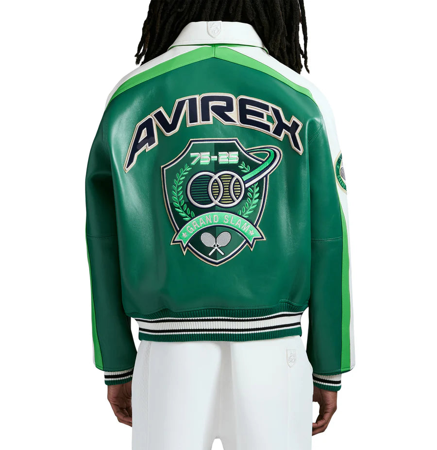 Avirex Grand Slam Jacket – 100% Leather Varsity Style with Grand Slam Embroidered Patches