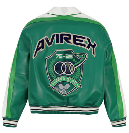 Avirex Grand Slam Jacket – 100% Leather Varsity Style with Grand Slam Embroidered Patches