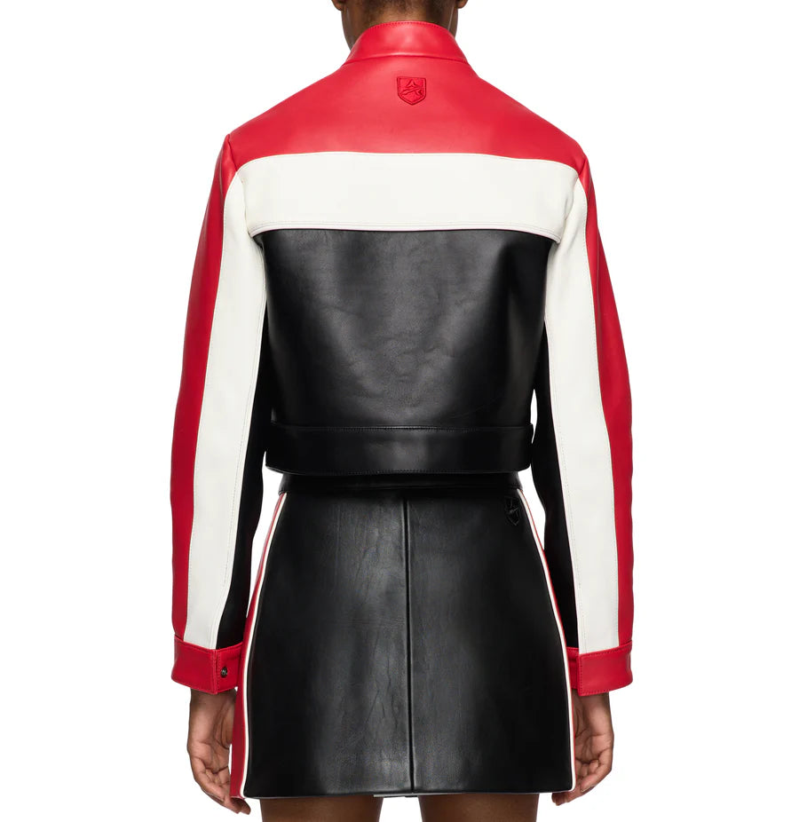 Cropped Colorblock Moto Jacket – Striking Biker Style with Bold Contrast Panels & Modern Fit