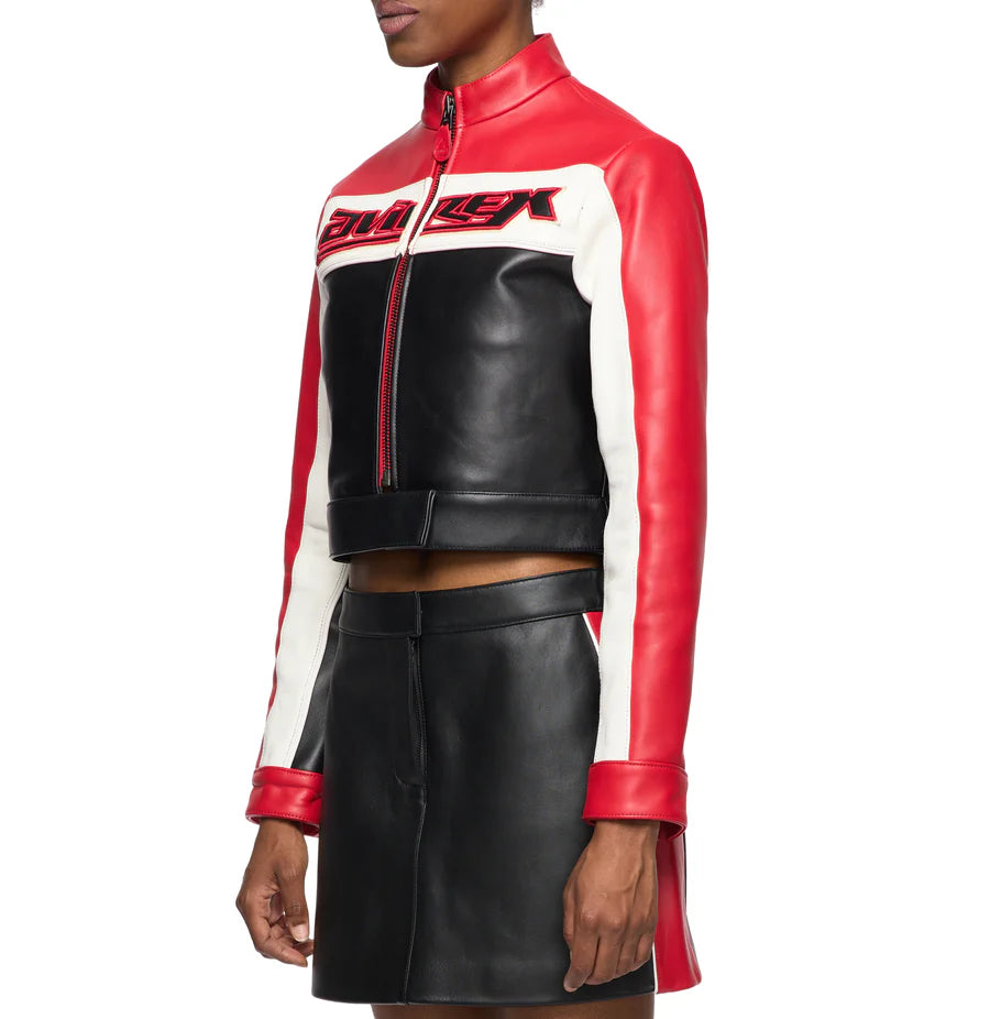 Cropped Colorblock Moto Jacket – Striking Biker Style with Bold Contrast Panels & Modern Fit