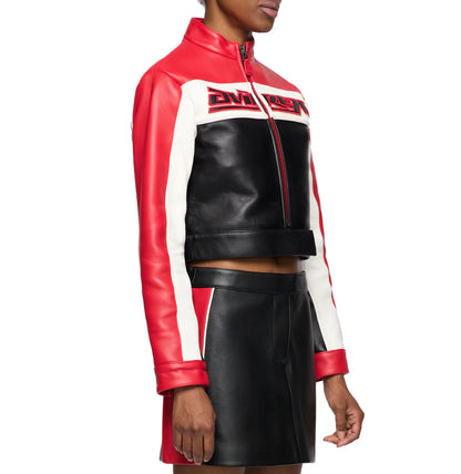 Cropped Colorblock Moto Jacket – Striking Biker Style with Bold Contrast Panels & Modern Fit