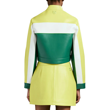 Cropped Colorblock Moto Jacket – Edgy Biker Style with Bold Contrast Panels & Modern Fit