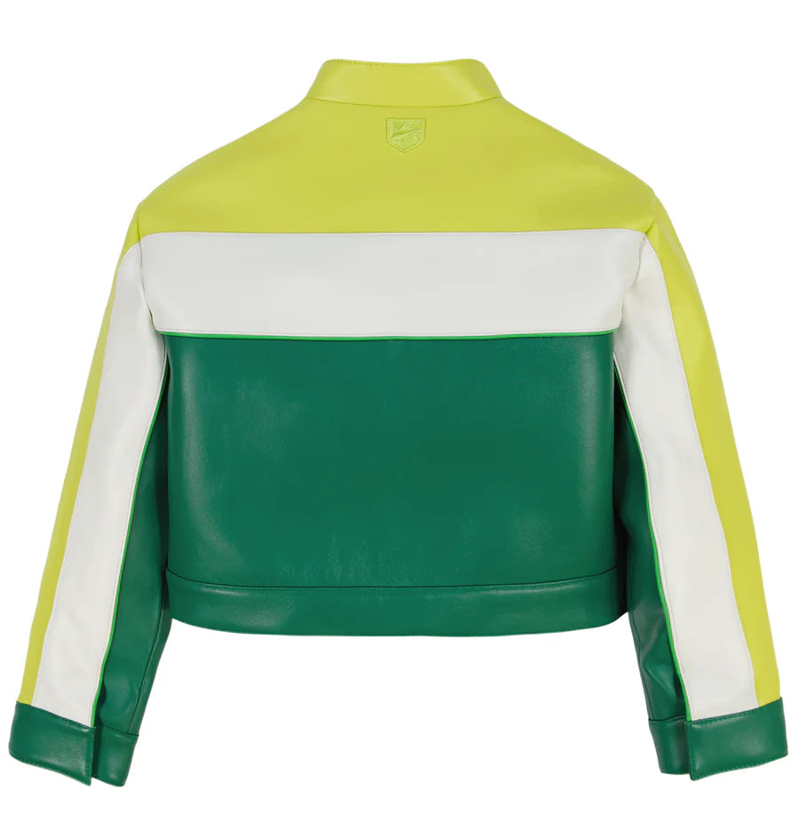 Cropped Colorblock Moto Jacket – Edgy Biker Style with Bold Contrast Panels & Modern Fit