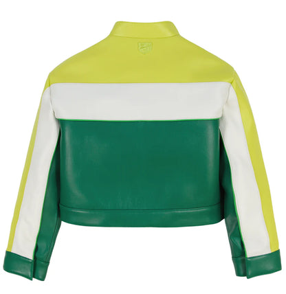 Cropped Colorblock Moto Jacket – Edgy Biker Style with Bold Contrast Panels & Modern Fit