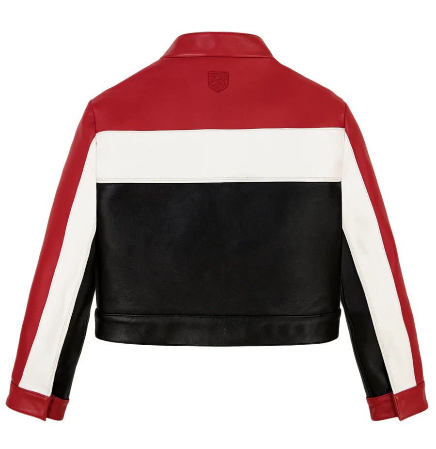 Cropped Colorblock Moto Jacket – Striking Biker Style with Bold Contrast Panels & Modern Fit