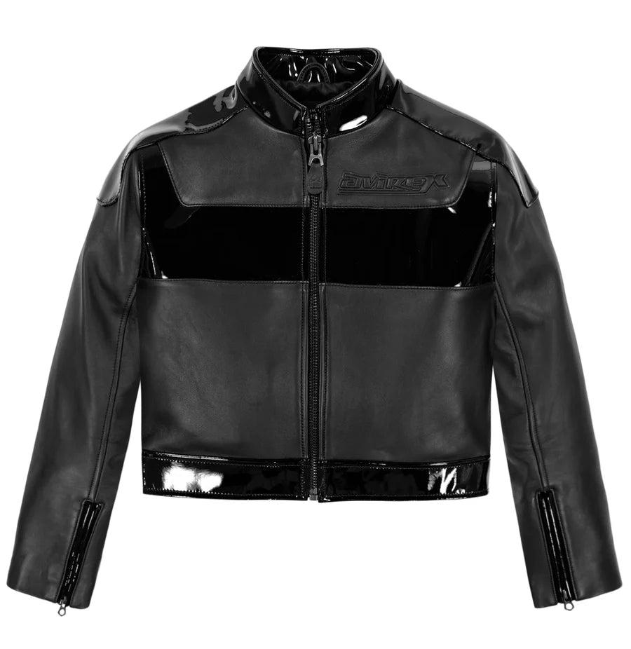 Avirex Cropped Moto Jacket – Sleek Biker Style with Signature Embroidery & Modern Fit