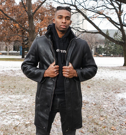 Men’s Black Shearling Long Coat – Classic Winter Leather Overcoat