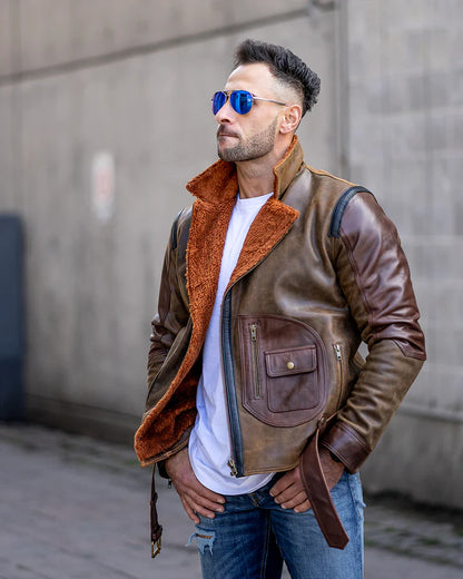 Vintage Brown Sherpa-Lined Leather Jacket with D Pocket – Classic Retro Style
