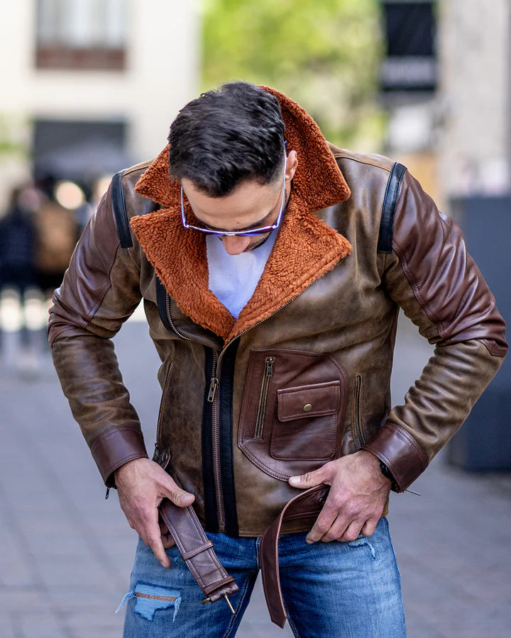 Vintage Brown Sherpa-Lined Leather Jacket with D Pocket – Classic Retro Style