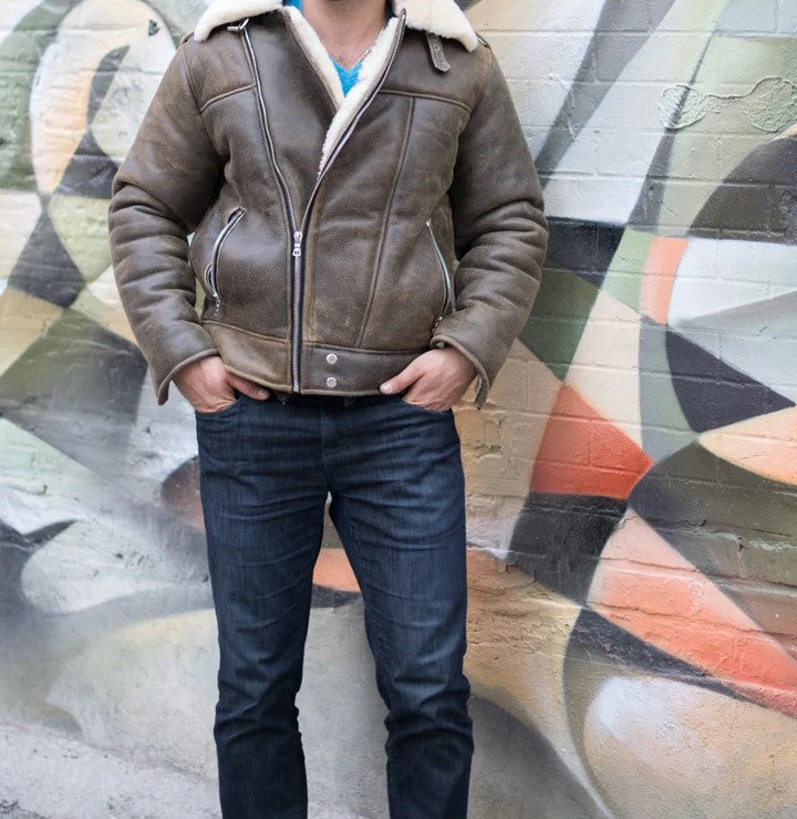 Carter's Distressed Biker Bomber Shearling Jacket – Vintage Leather Style for Men
