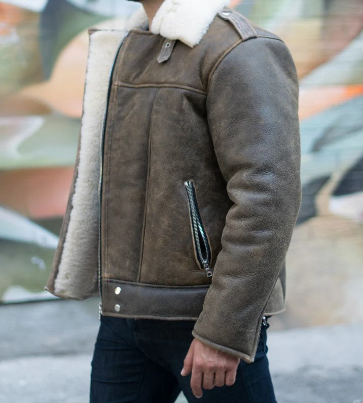 Carter's Distressed Biker Bomber Shearling Jacket – Vintage Leather Style for Men