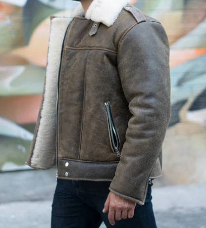 Carter's Distressed Biker Bomber Shearling Jacket – Vintage Leather Style for Men