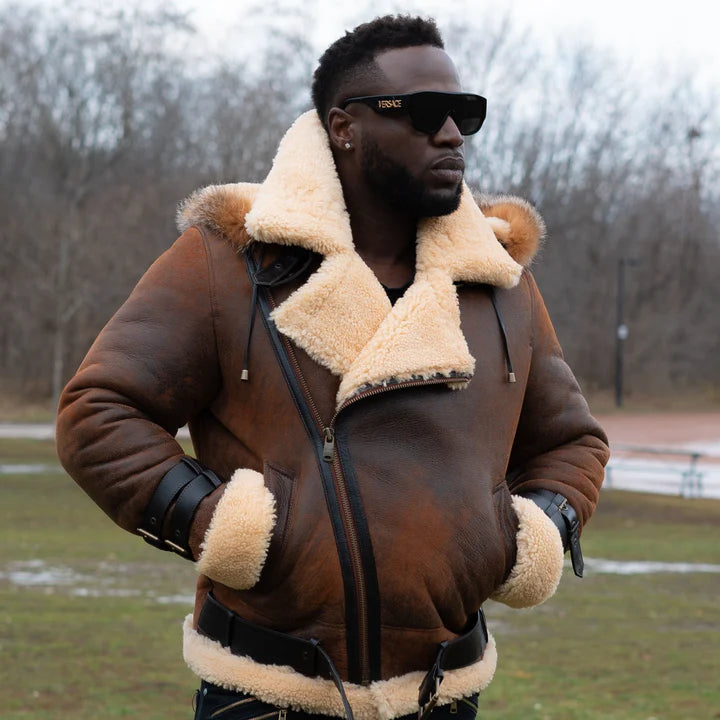 Vintage Brown Shearling Aviator Jacket with Hoodie – Rocco Distressed Bomber Style