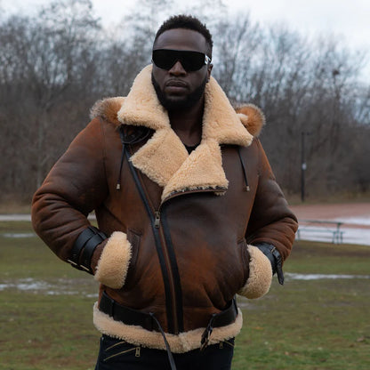 Vintage Brown Shearling Aviator Jacket with Hoodie – Rocco Distressed Bomber Style