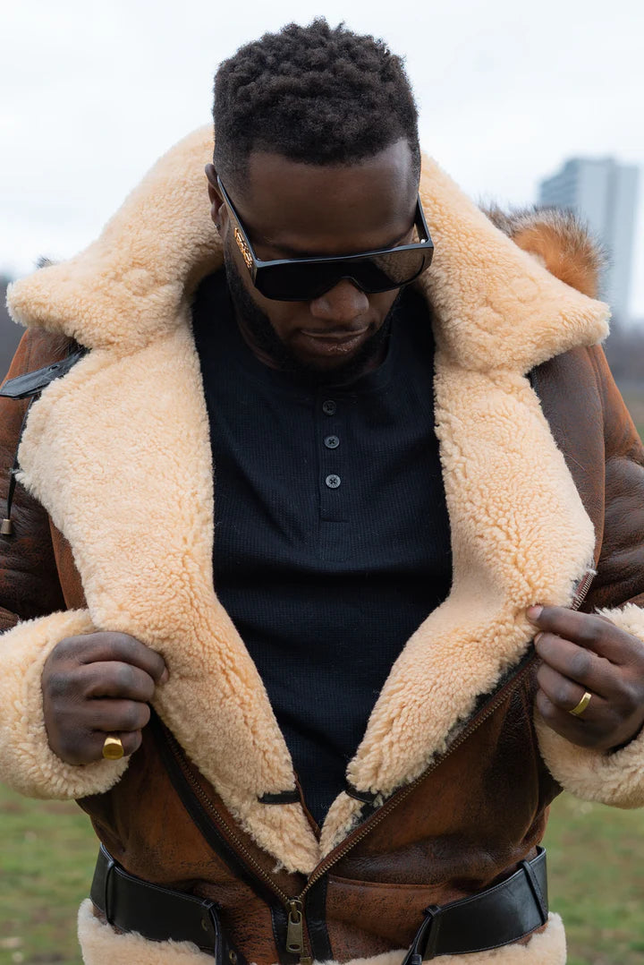 Vintage Brown Shearling Aviator Jacket with Hoodie – Rocco Distressed Bomber Style