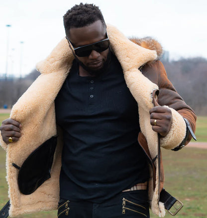 Vintage Brown Shearling Aviator Jacket with Hoodie – Rocco Distressed Bomber Style