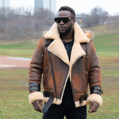 Vintage Brown Shearling Aviator Jacket with Hoodie – Rocco Distressed Bomber Style