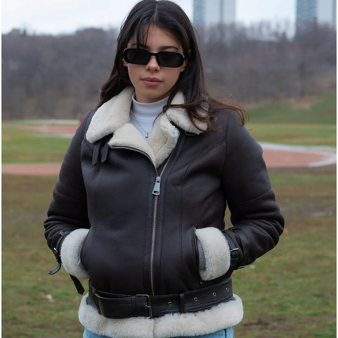 Women's Classic Brown B-3 Bomber Jacket – Genuine Shearling Aviator Style