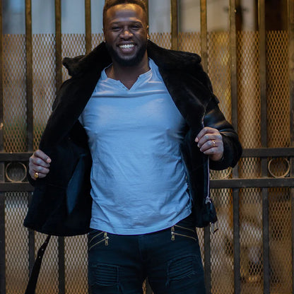 Black Shearling Moto Jacket with Fur Accents – Rugged & Stylish