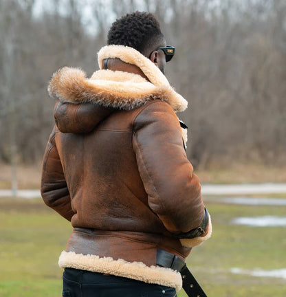 Vintage Brown Shearling Aviator Jacket with Hoodie – Rocco Distressed Bomber Style