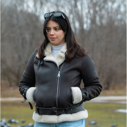 Women's Classic Brown B-3 Bomber Jacket – Genuine Shearling Aviator Style