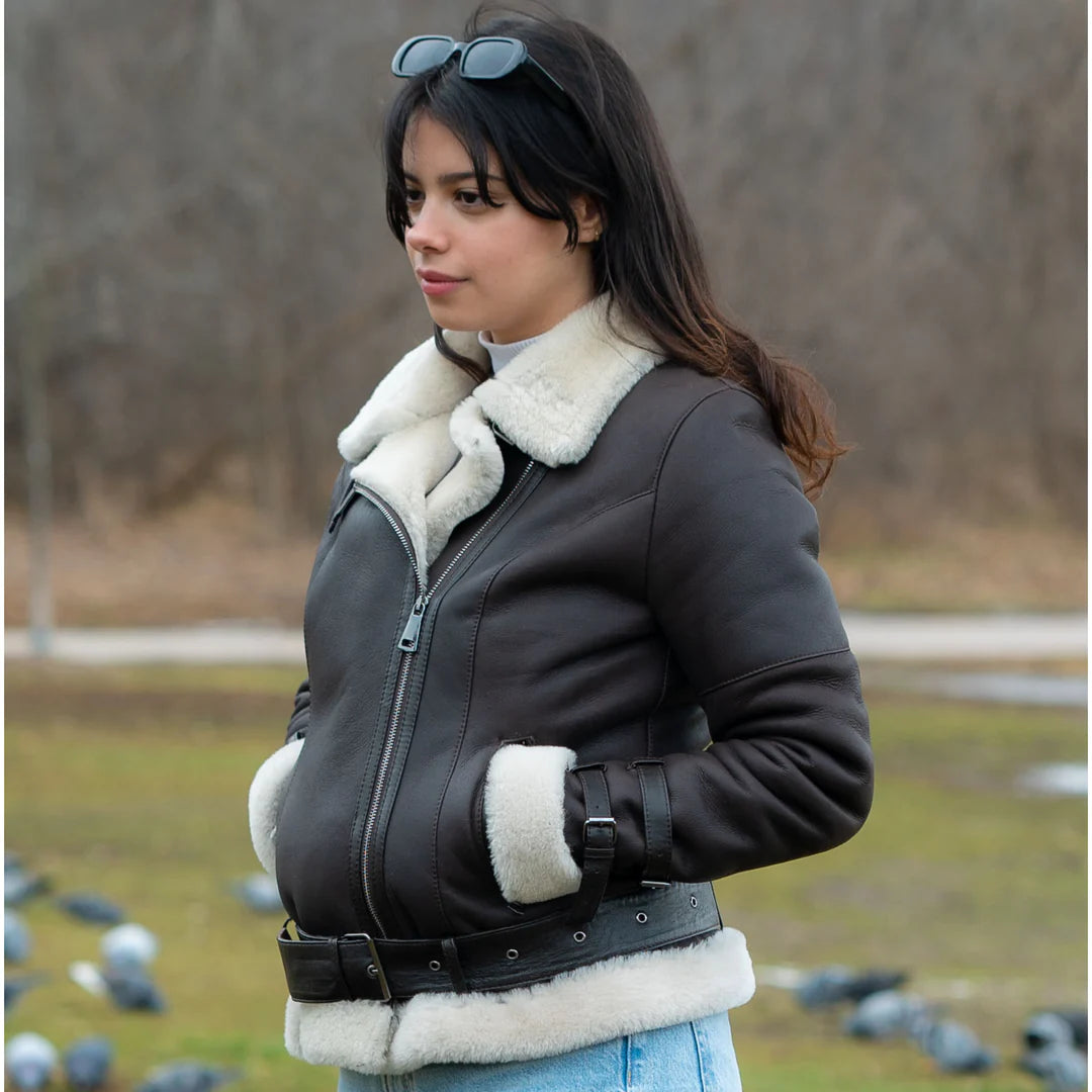 Women's Classic Brown B-3 Bomber Jacket – Genuine Shearling Aviator Style