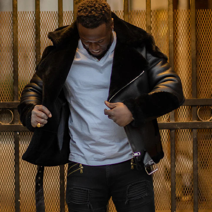 Black Shearling Moto Jacket with Fur Accents – Rugged & Stylish