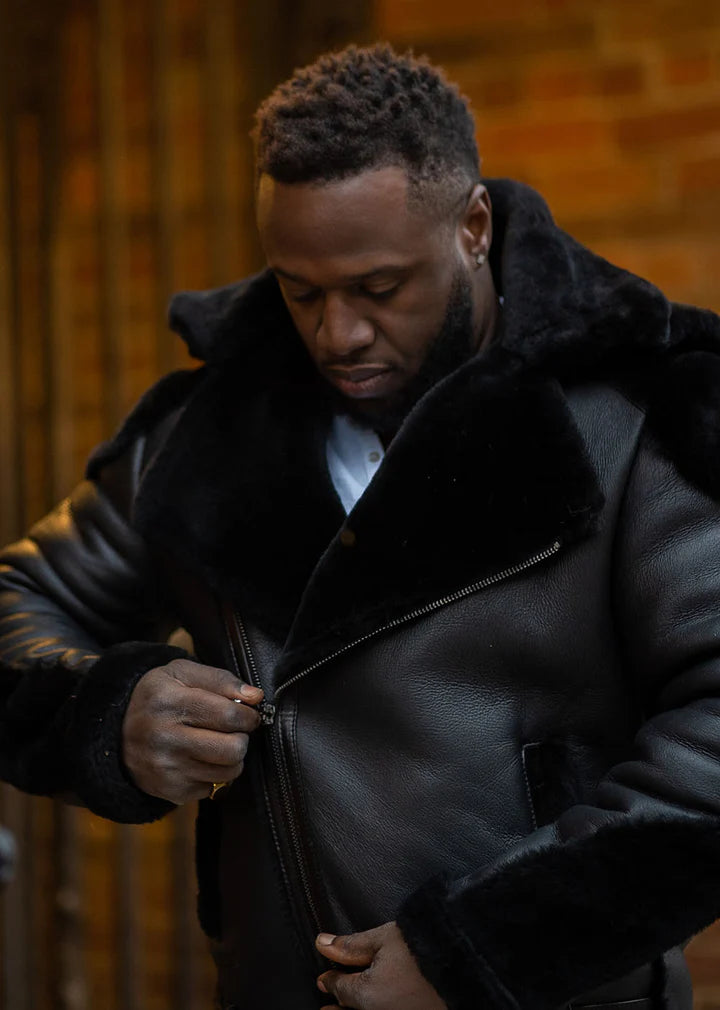 Black Shearling Moto Jacket with Fur Accents – Rugged & Stylish
