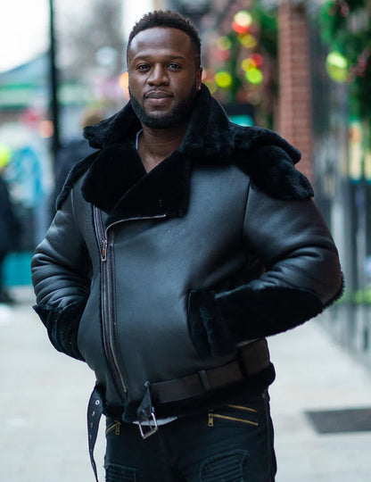 Black Shearling Moto Jacket with Fur Accents – Rugged & Stylish